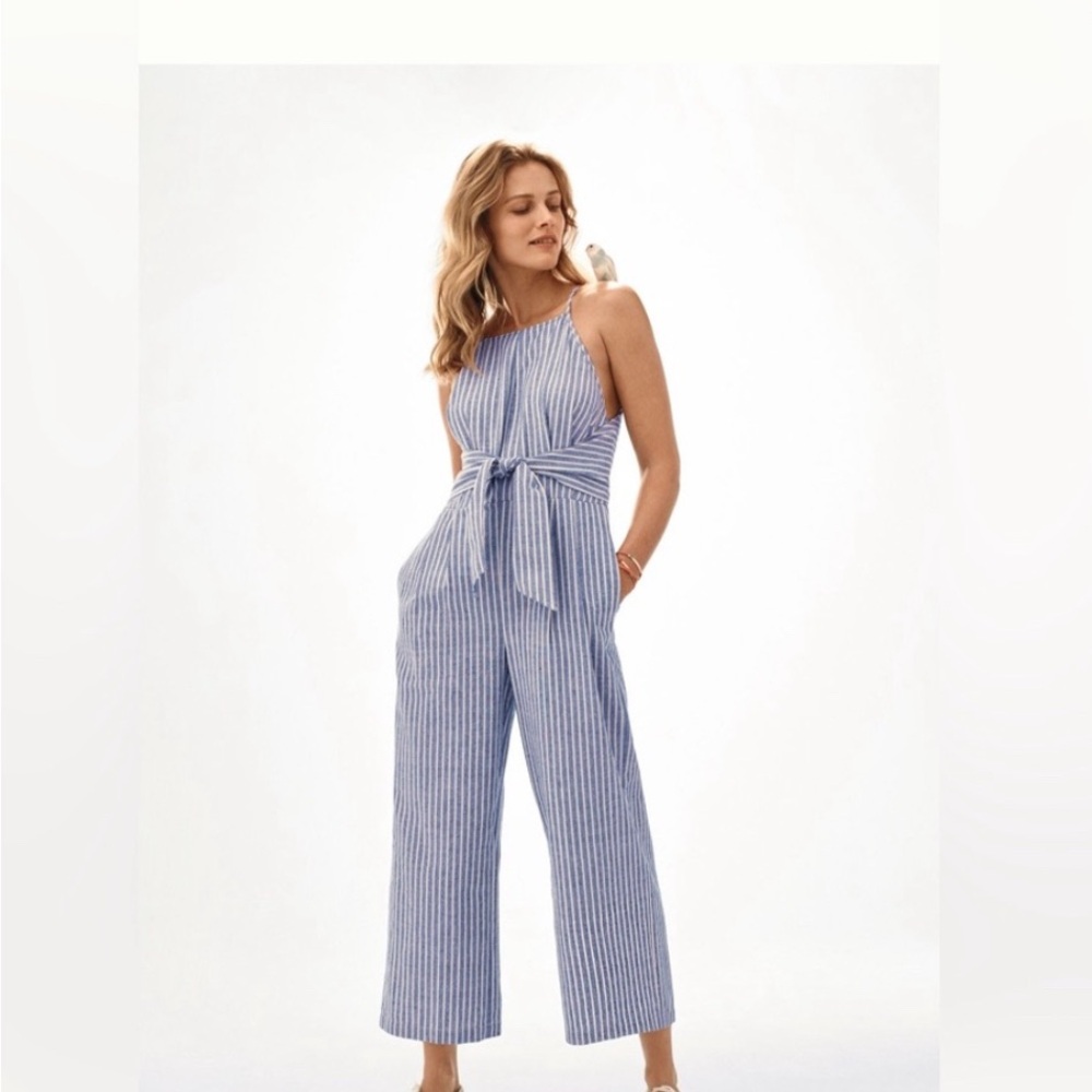 Anthropologie Blue and White Striped Jumpsuit, Size M